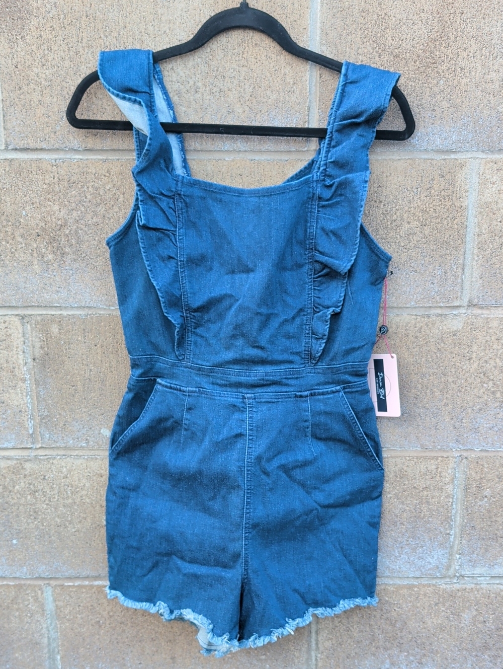 Blue Denim Ruffle Strap Women Jeans Jumpsuit, Large, Stretch